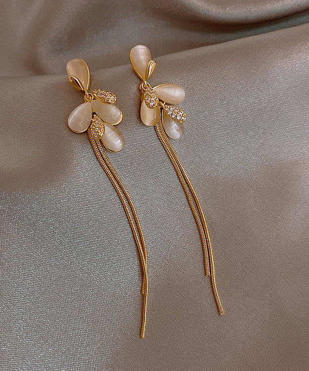 Gold Sterling Silver Alloy Cat's Eye Tassel Drop Earrings