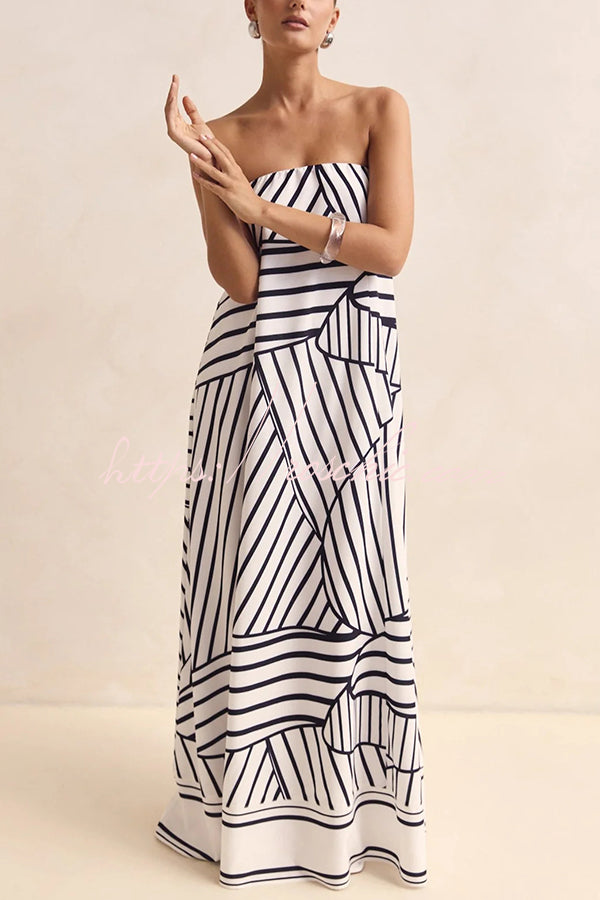 Unique Print Tube Top Back Zipper Loose Maxi Dress