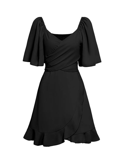 Flared Sleeves Half Sleeves Elasticity Ruffled Color Split-joint Tied Waist V-neck Mini Dresses
