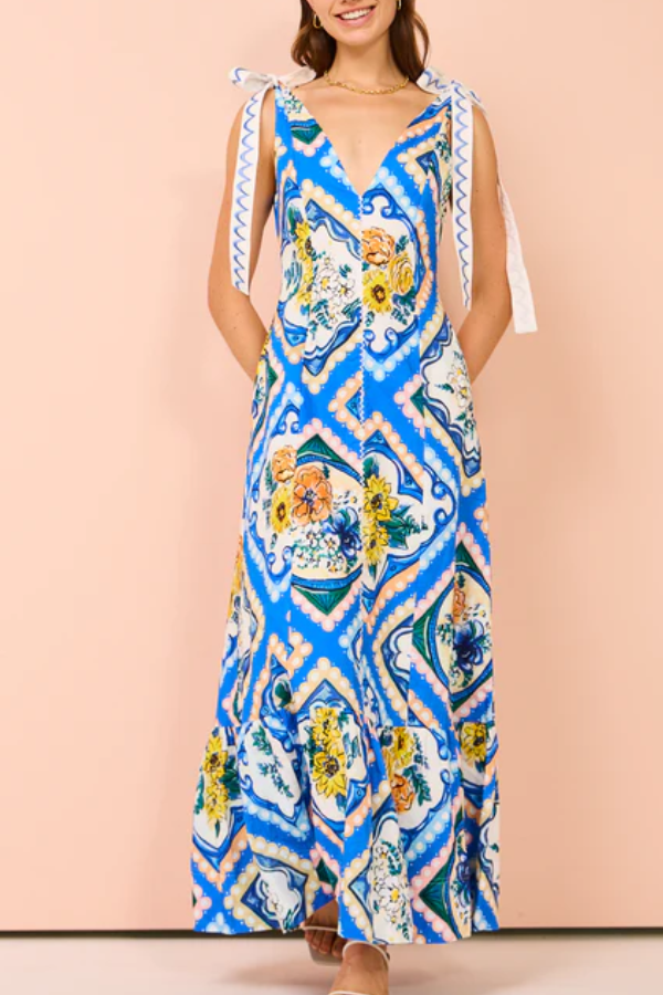 Tie Shoulder Maxi Dress in Azure