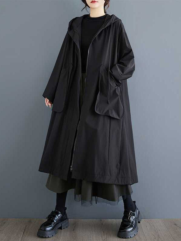 Balck Hooded Pockets Zip-up Drawstring Hem Long Sleeve Trench Coat Tw021