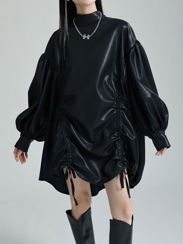 High-low Long Sleeves Drawstring Pleated Color Stand Collar Mini Dresses