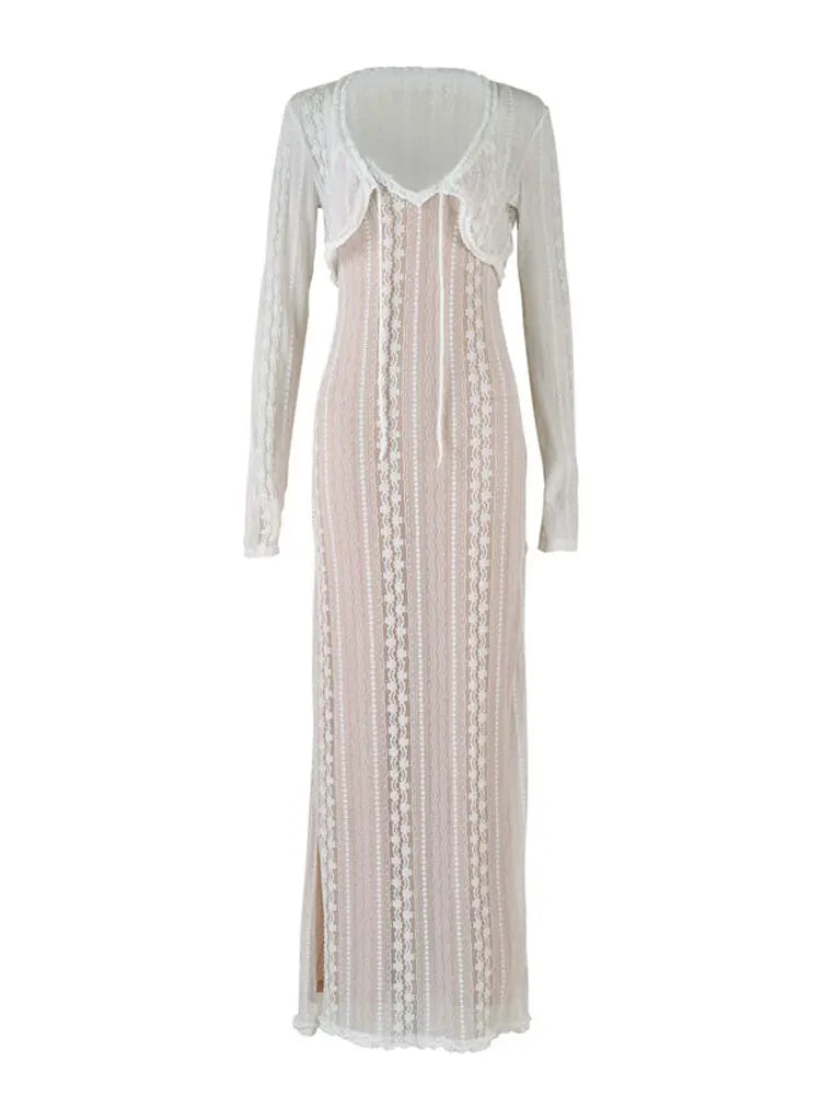 Female Hollow Out Maxi Dress V-neck Long Sleeve Split Party Dress Evening Tiered Summer Halter Dress