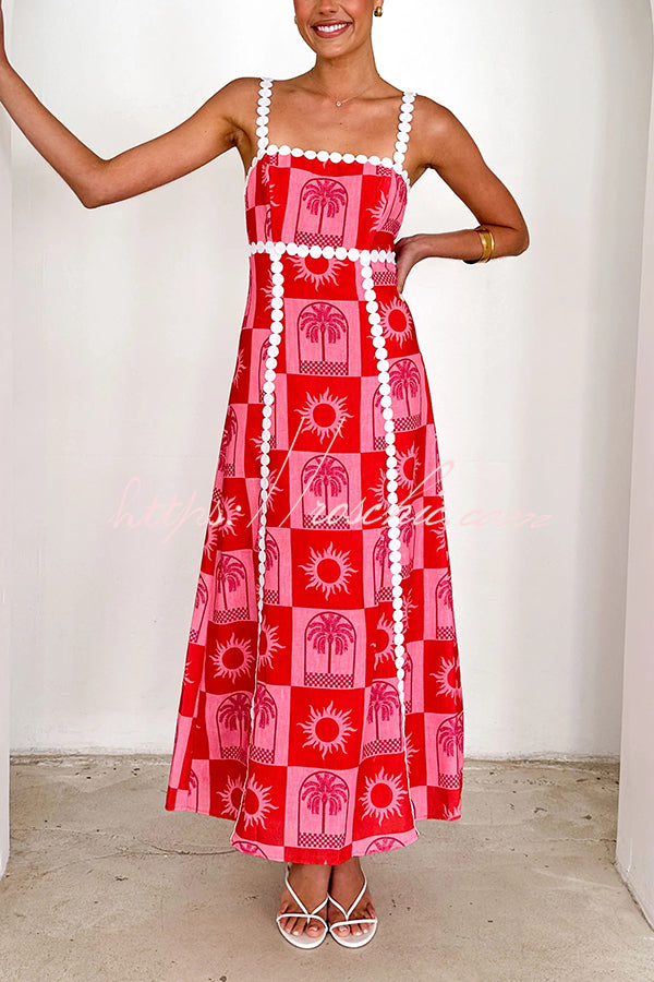 Holiday Style Unique Print Sling Open Back Lace Up Maxi Dress