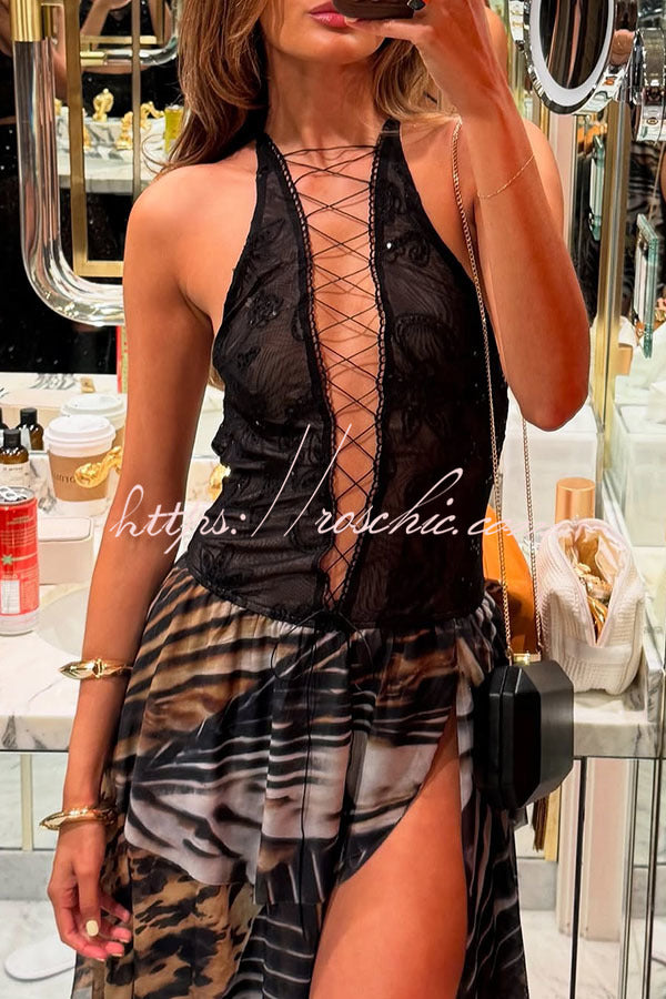 Desert Queen Embroidered Lace-up Leopard Colorblock Layered Slit Maxi Dress