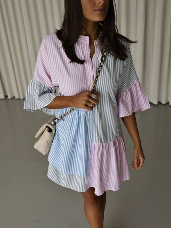 Long Sleeves Loose Buttoned Contrast Color Pleated Split-joint Striped Stand Collar Mini Dresses Shirt Dress