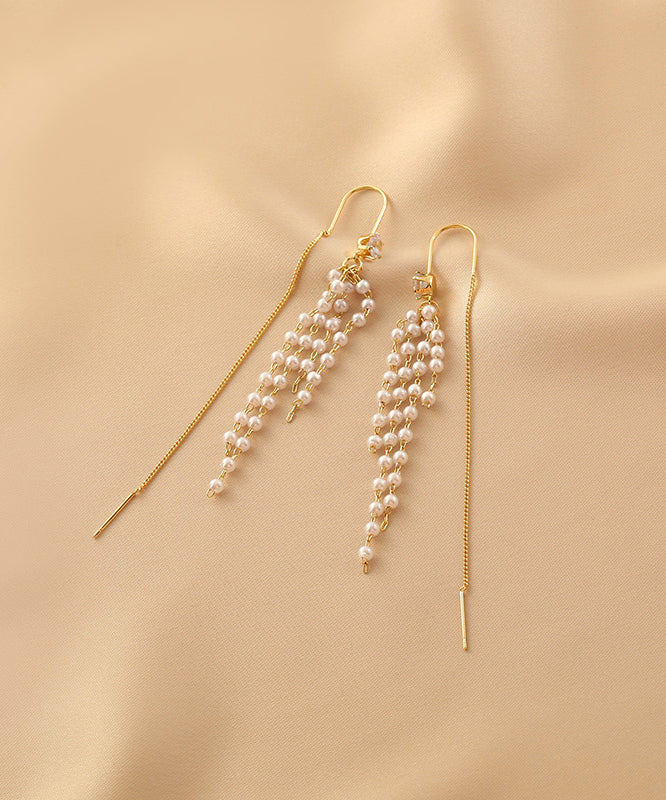 Gold Sterling Silver Alloy Pearl Tassel Drop Earrings