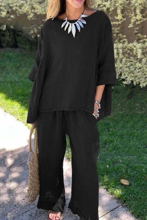 Color Loose Top \u0026 Pants Cotton Linen Two-piece Set