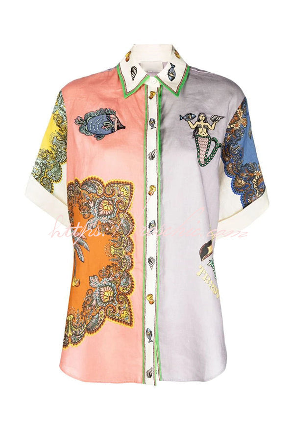 And Posh Linen Blend Mermaid Print Button Down Oversized Blouse