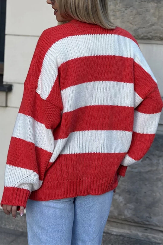 V-neck Long-sleeved Striped Pocket Knitted Cardigan