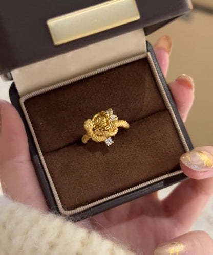 Unique Gold Sterling Silver Overgild Zircon Rose and Snake Rings