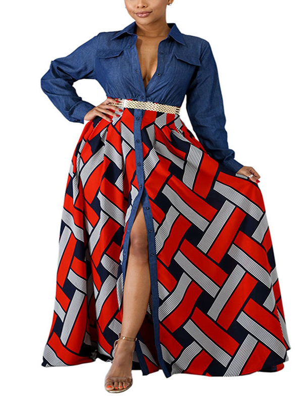 Long Sleeves Loose Buttoned Elasticity Printed Split-joint Lapel Maxi Dresses