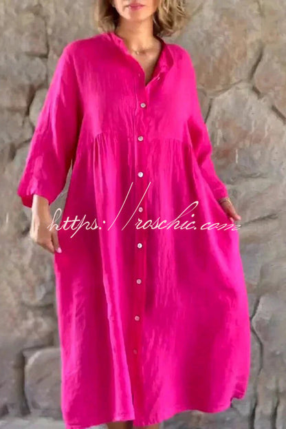 Mindful Cotton Blend Color Button Midi Dress