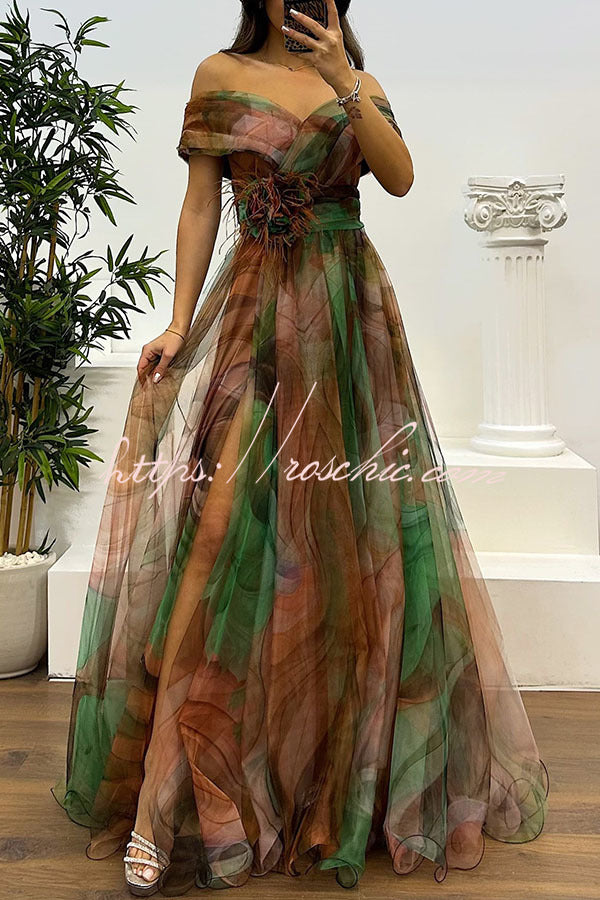 Jinnie Tulle Feather Pendant Pleated Off Shoulder Slit Maxi Dress