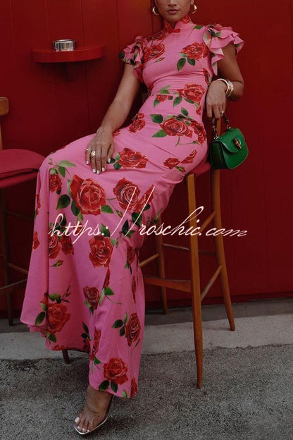 Cheongsam Style Rose Print Tiered Flare Sleeve Stretch Maxi Dress