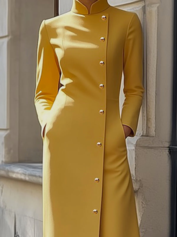 Long Sleeves Loose Buttoned Pockets Color Split-joint Stand Collar Maxi Dresses