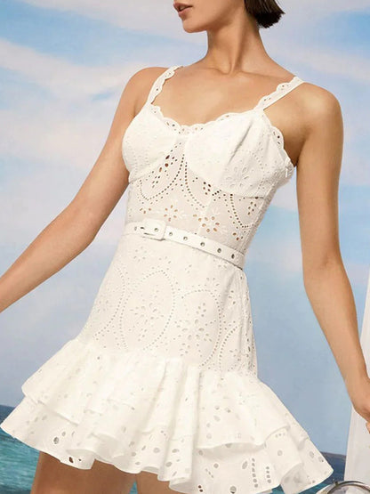 Embroidered Suspender Ruffle Mini Dress