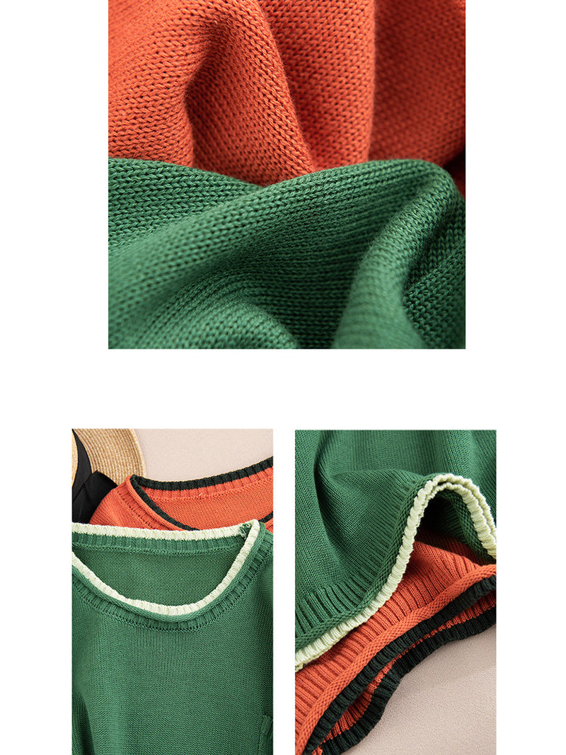 Autumn Colorblock O-neck Cotton Knit Blouse Ai1068