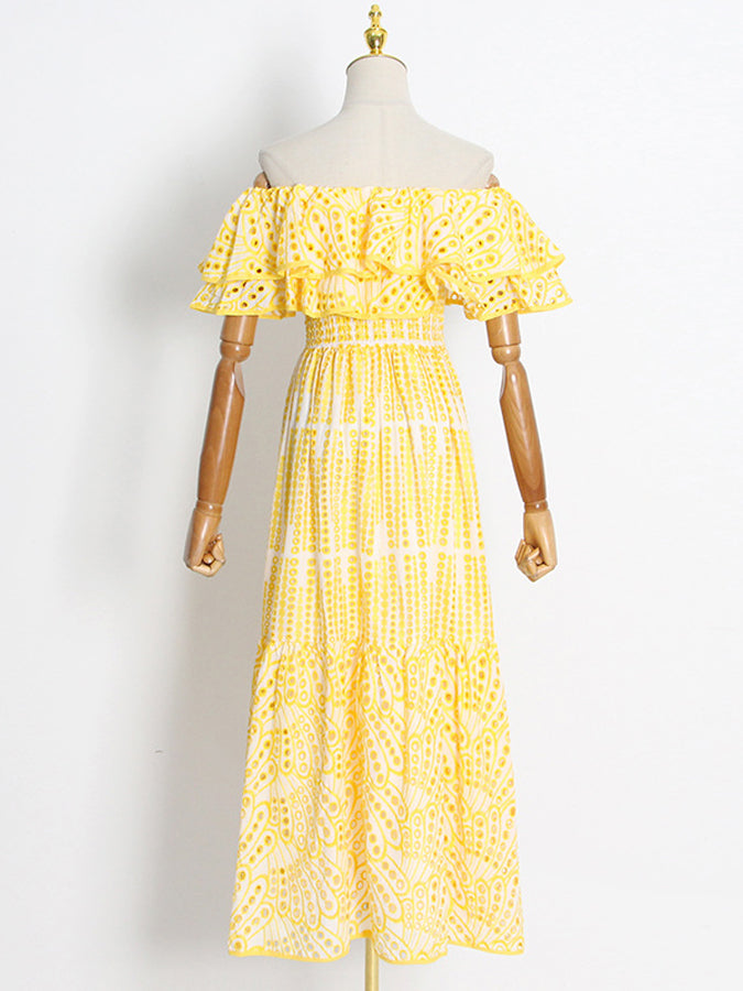 Off Shoulder Ruffled Embroidered Long Dresses