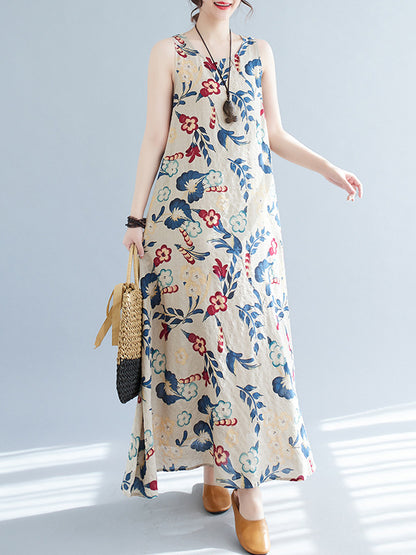 Loose Sleeveless Printed Round-neck Maxi Dresses