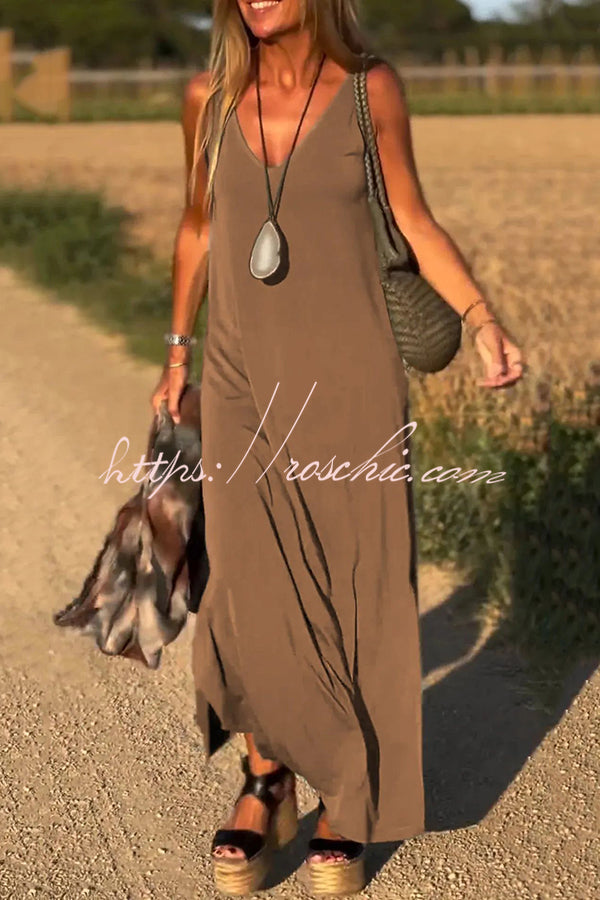 Color V-neck Sleeveless Loose Maxi Dress