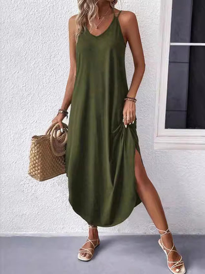 Loose Color Spaghetti-neck Maxi Dresses