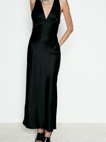 Halterneck Cross Back Slip Maxi Dress
