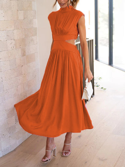 Cap Sleeve Belly-hollow Pleated Color Stand Collar Maxi Dresses