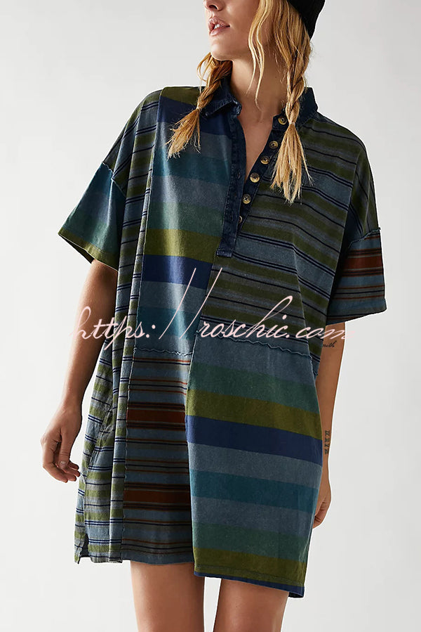 Contrast Striped Patchwork Denim Lapel Loose Mini Dress