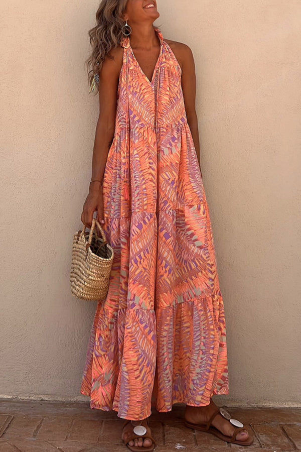 Golden Times Print A-line Vacation Maxi Dress