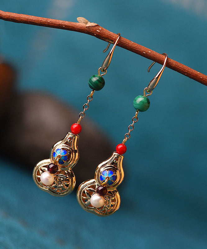 Unique Gold Color Gourd Original Design 14k Gold Drop Earrings