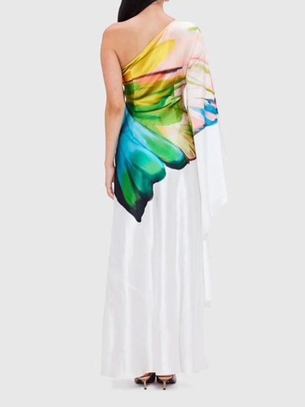 Long Sleeves Loose Asymmetric Flower Print One-shoulder Maxi Dresses