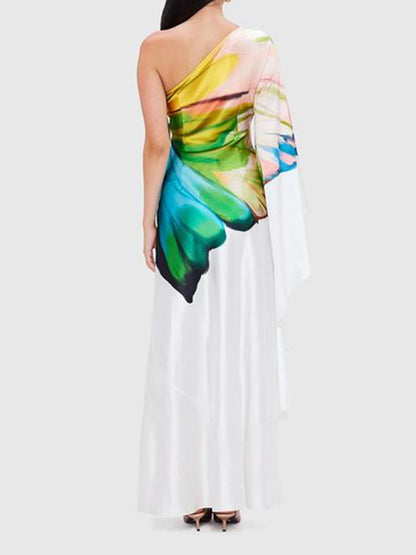 Long Sleeves Loose Asymmetric Flower Print One-shoulder Maxi Dresses