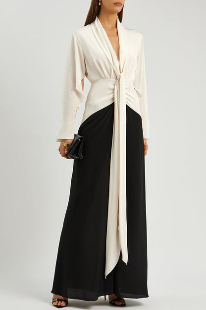 Contrast Color V-neck Tie High Waist Drape Maxi Dress