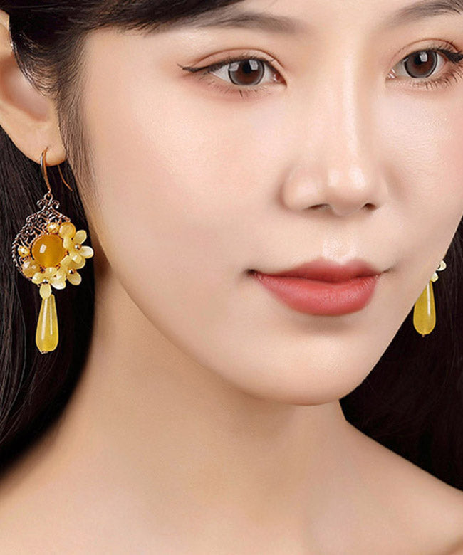 Unique Yellow Jade Sterling Silver Yellow Agate Drop Earrings