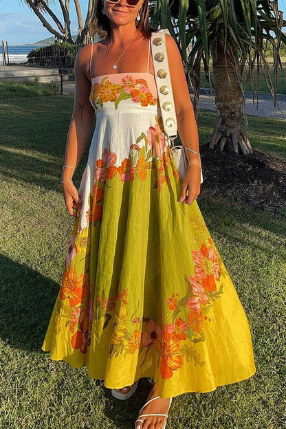 Linen Blend Contrast Print Back Smocked Pocket Maxi Dress