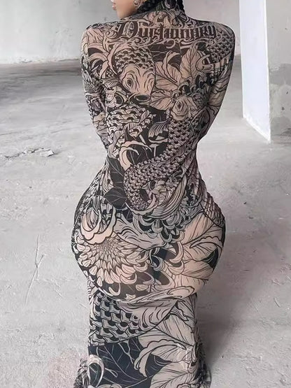 Long Sleeves Skinny Printed See-through Split-joint High Neck Evening Dresses Maxi Dresses