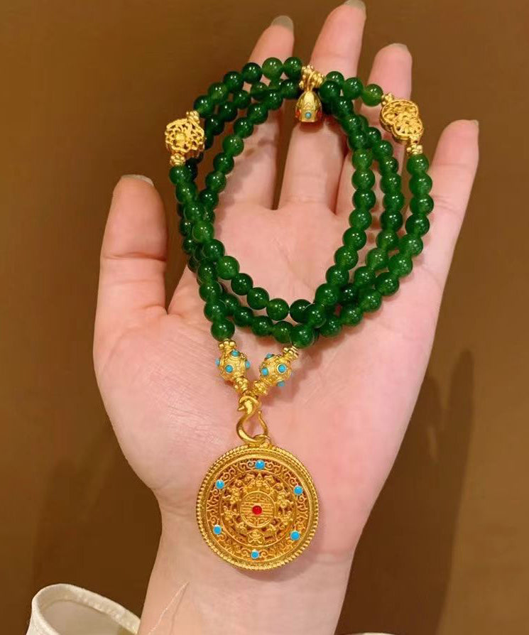 Simple Green Ancient Gold Beading Gem Stone Gratuated Bead Necklace