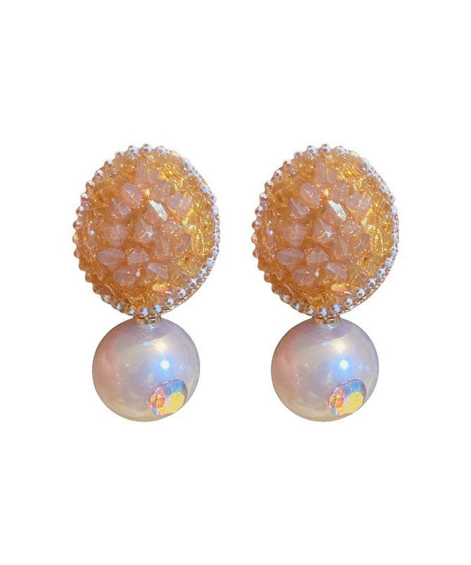 Fine Yellow Sterling Silver Crystal Zircon Pearl Oval Stud Earrings