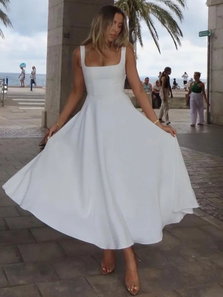 Sleeveless Bodycon Long Dress Fall Color Square Neck Party Club Evening Dress Slim Vestido