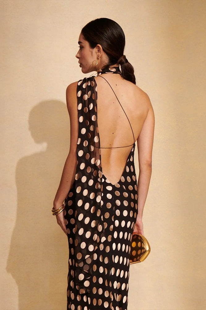 Polka Dot Backless Halter Maxi Dress