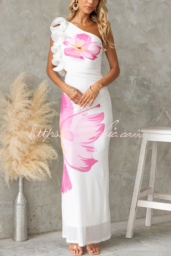 Print One-shoulder Fitted Mesh Maxi Dress
