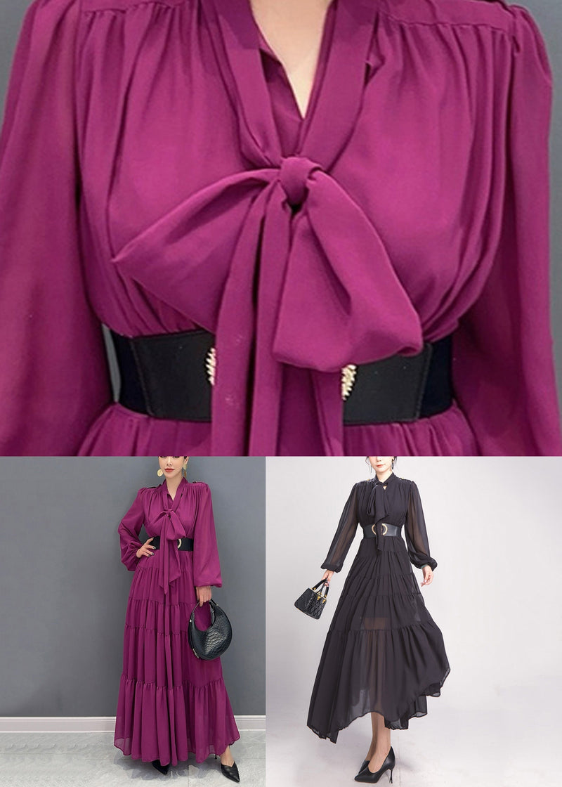 Purple V Neck Patchwork Party Chiffon Long Dress Fall Ao1040