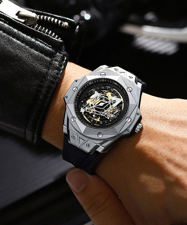 Rose Gold Leather Fully Automatic Machinery Hollow Out Watches