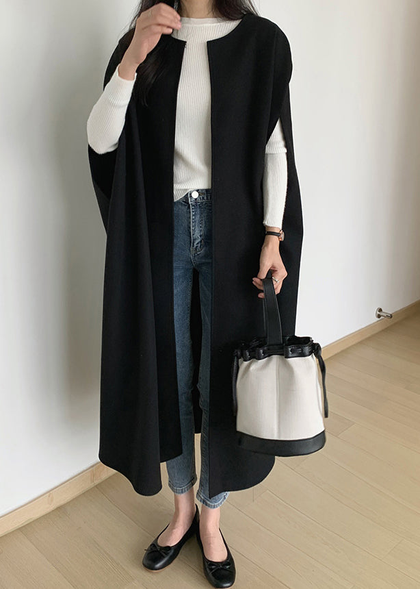 Oversized Pockets Sleeveless Woolen Coats Black
