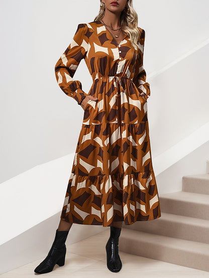 A-line Long Sleeves Buttoned Elasticity Pleated Printed Split-joint Tied Waist V-neck Midi Dresses