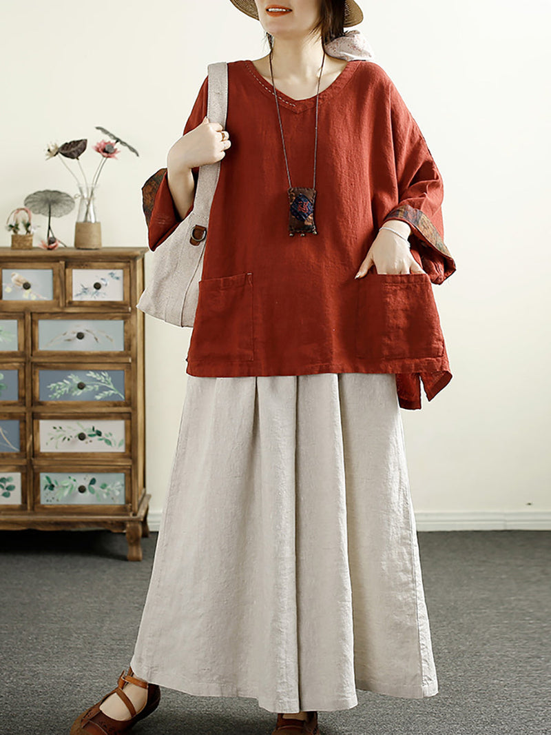 V-neck 100%linen Blouse Ak1006