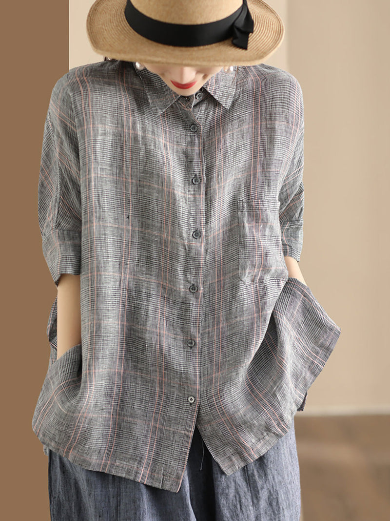 Retro Summer Plaid Linen Button-up Blouse Co1006