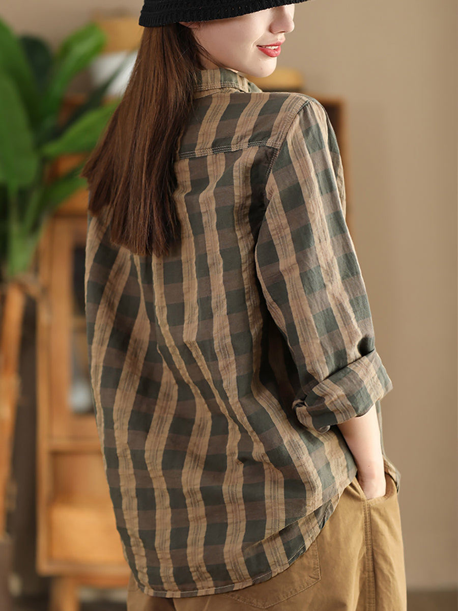 Autumn Plaid Button-up Linen Blouse At1038