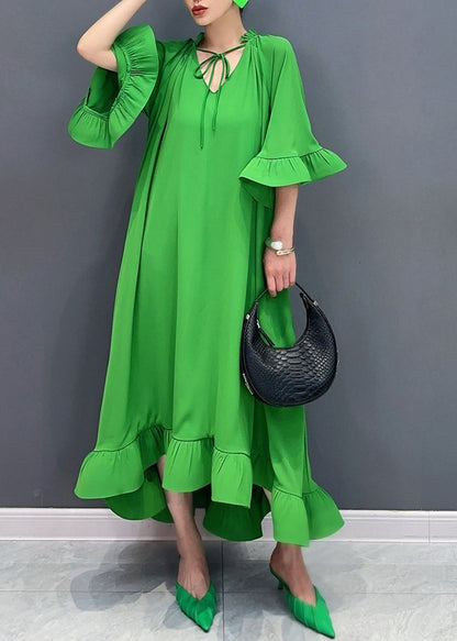 Green Tie Lace Patchwork Maxi Dresses Fall Ao1029